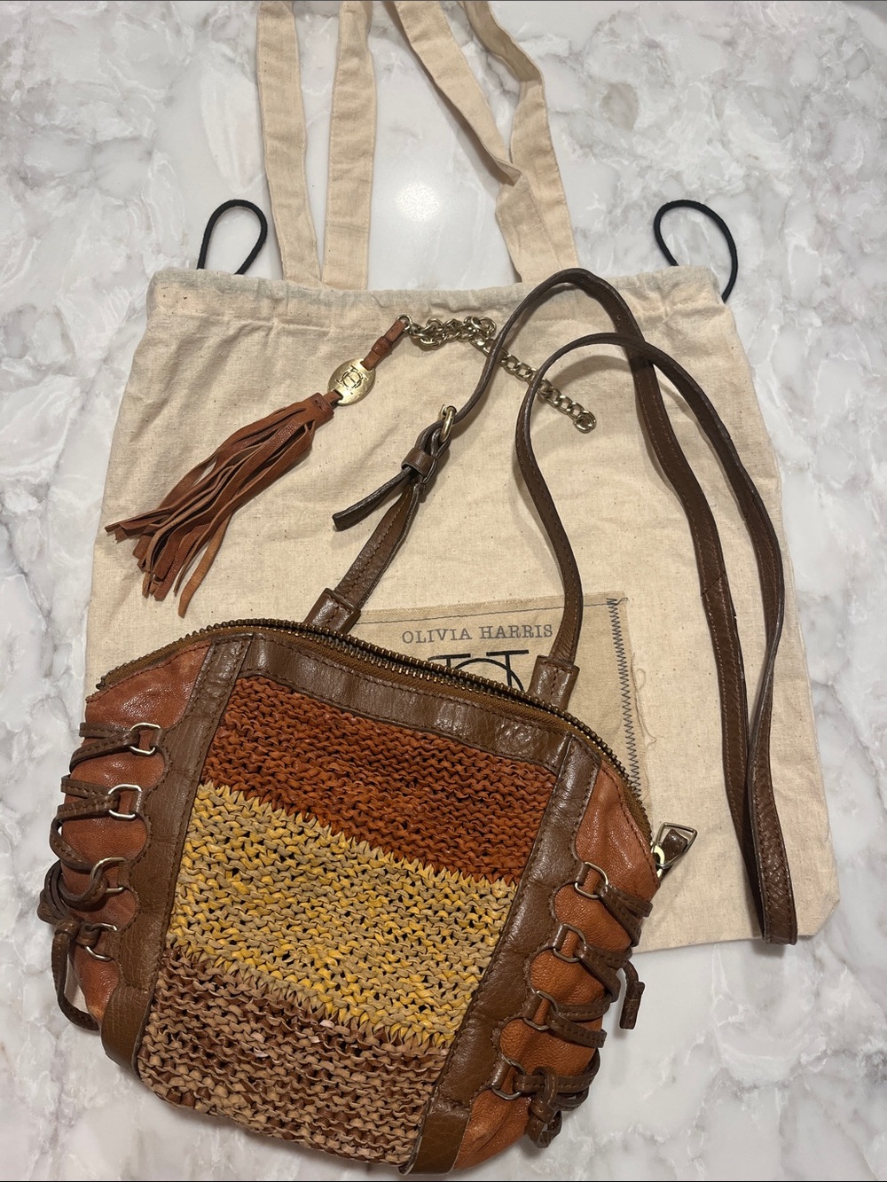 Olivia Harris Brown and Tan Woven Leather Crossbody Bag